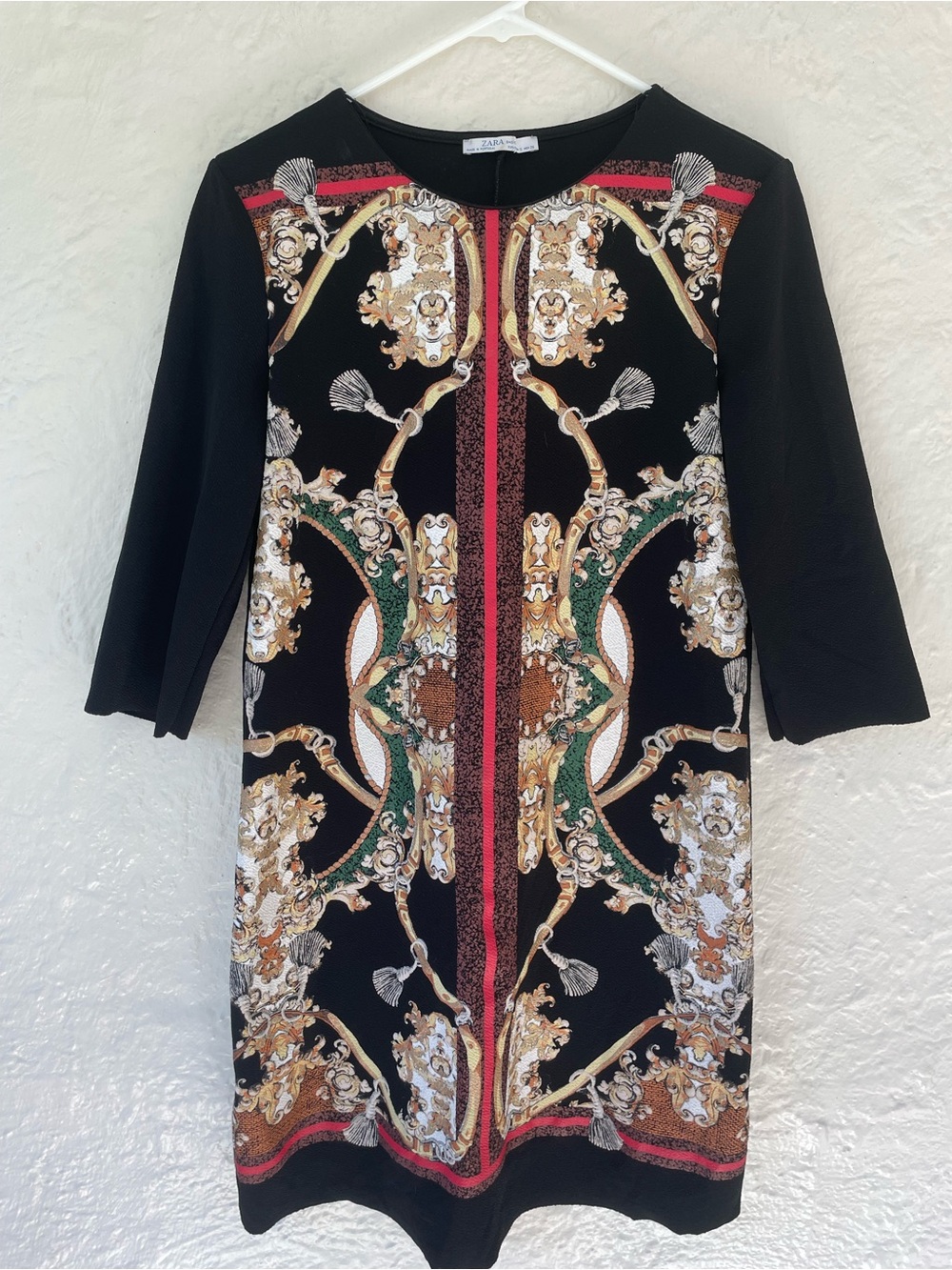 ZARA Black Baroque Green Red Paisley Stretch 3/4 Sleeve Tunic Shift Dress; S